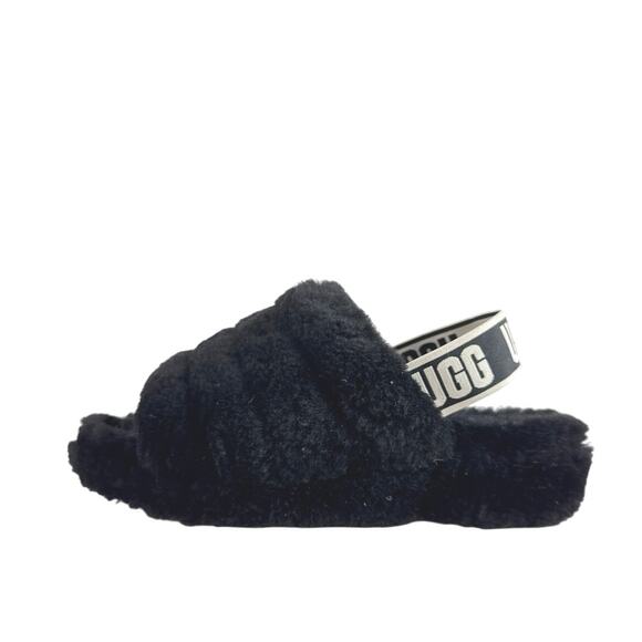 UGG Fluff Yeah Black Faux Fur Strap Logo Slingback Slippers Slides Sandals Sz 6 - Picture 1 of 8